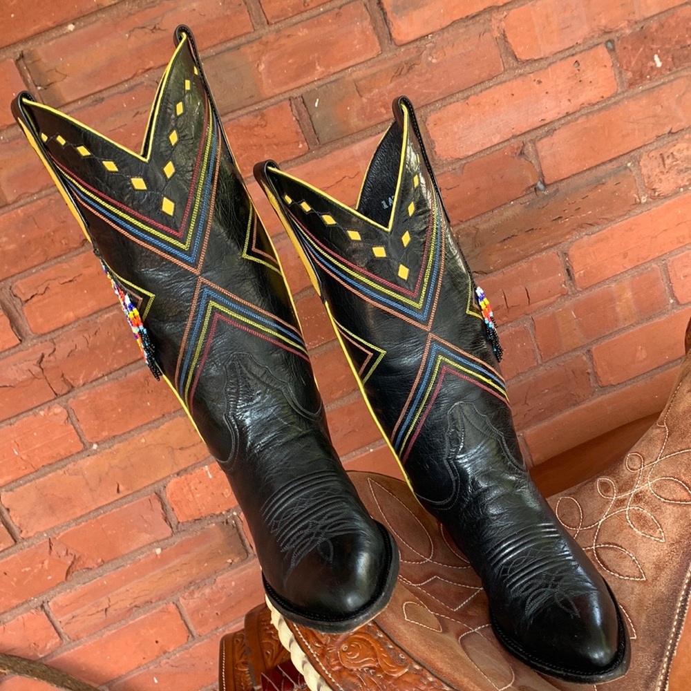 Larry Mahan Rare Vintage Aztec Beaded Fringe Black Leather Cowboy Western Boots - Picture 3 of 10